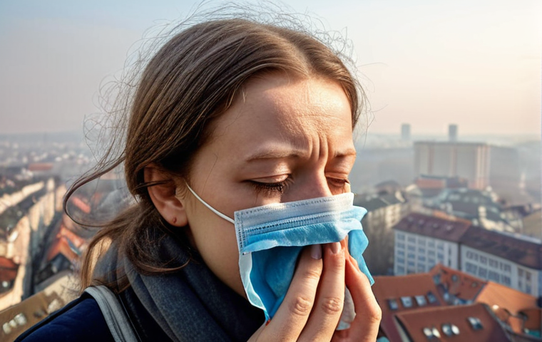 **

Prompt: "A hazy cityscape in Stuttgart, Germany during winter. Smog hangs heavy in the air, obscuring buildings. In the foreground, a person coughs, covering their mouth with a handkerchief. Focus on the visible air pollution and the feeling of respiratory distress. Emphasize the environmental zones signs."

**
