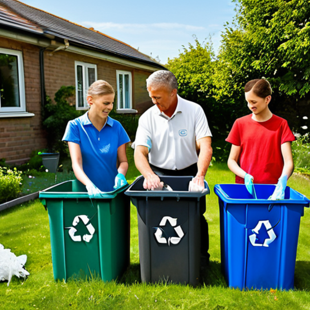 Family Recycling Day**

A family sorting waste together in their garden, separating paper, plastic, and glass into labeled bins, fully clothed, appropriate attire, safe for work, family-friendly, sunny day, perfect anatomy, correct proportions, natural pose, well-formed hands, proper finger count, natural body proportions, professional photography, high quality.

**