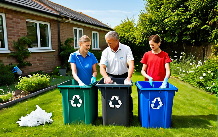 Family Recycling Day**

A family sorting waste together in their garden, separating paper, plastic, and glass into labeled bins, fully clothed, appropriate attire, safe for work, family-friendly, sunny day, perfect anatomy, correct proportions, natural pose, well-formed hands, proper finger count, natural body proportions, professional photography, high quality.

**