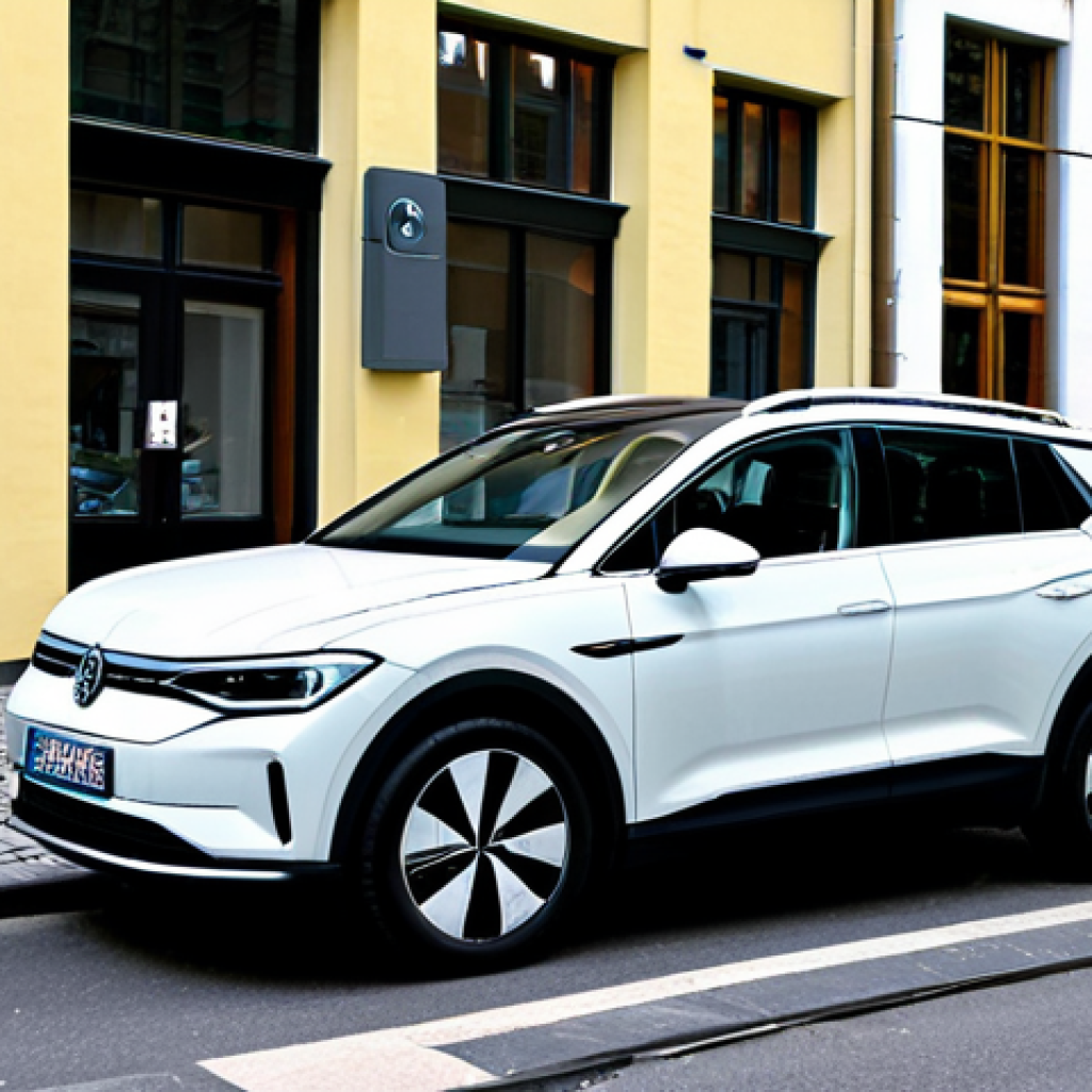 녹색 교통 시스템 - Electric Mobility in a German City**

"A modern electric car, such as a VW ID.4 or similar, parked a...