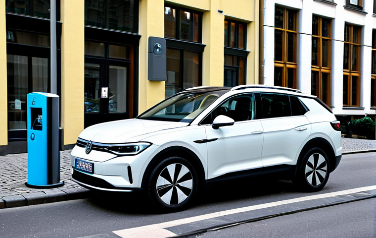 녹색 교통 시스템 - Electric Mobility in a German City**

"A modern electric car, such as a VW ID.4 or similar, parked a...
