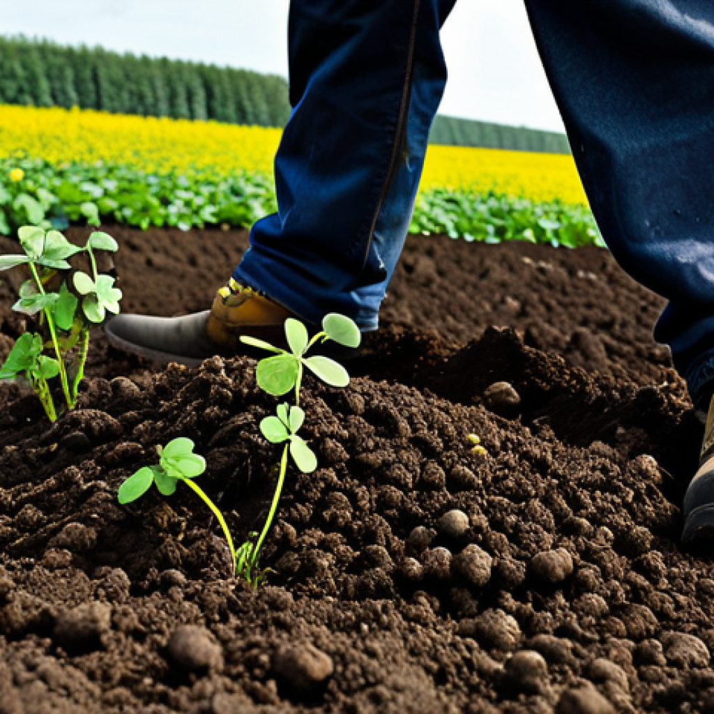 지속 가능한 농업 모델 - Soil Fertility**

"A farmer in appropriate attire examining soil in a field, with clover and mustard...