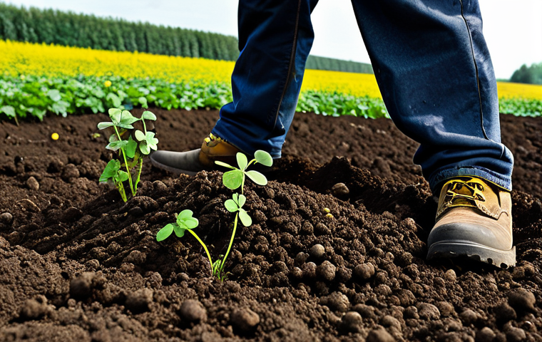 지속 가능한 농업 모델 - Soil Fertility**

"A farmer in appropriate attire examining soil in a field, with clover and mustard...