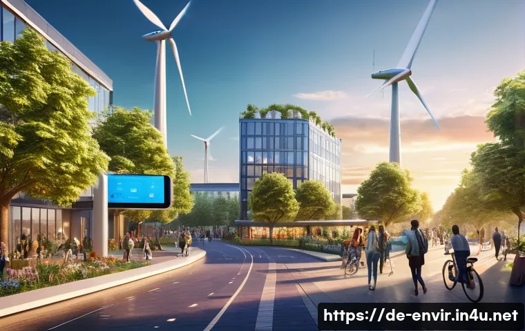 지구 환경 문제와 국제적 대응 - A vibrant, futuristic European smart cityscape at sunset, featuring solar panels on rooftops and sle...