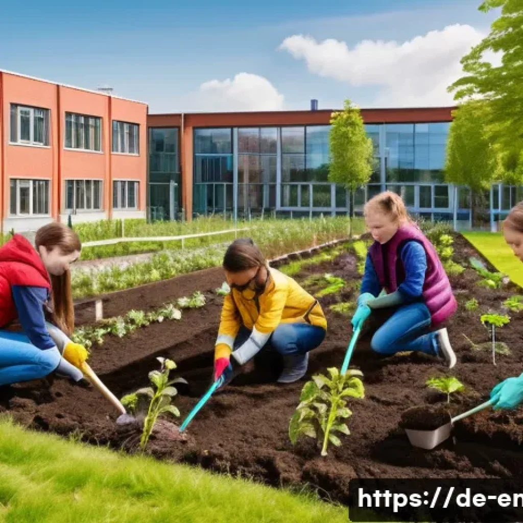 환경 교육 커리큘럼 - A vibrant school garden scene in a German urban setting, showing diverse teenagers in casual clothin...