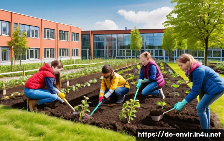 환경 교육 커리큘럼 - A vibrant school garden scene in a German urban setting, showing diverse teenagers in casual clothin...