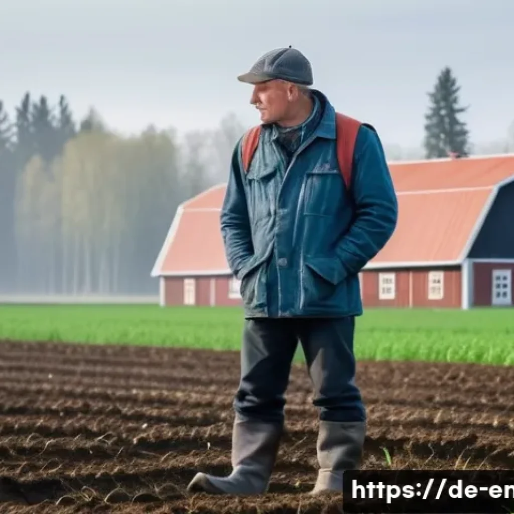 기후 변화의 지역별 영향 - A Scandinavian farmer in southern Sweden stands thoughtfully in a misty early spring field, wearing ...