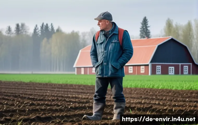 기후 변화의 지역별 영향 - A Scandinavian farmer in southern Sweden stands thoughtfully in a misty early spring field, wearing ...