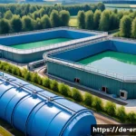수질 오염 방지 - A detailed scene of a modern industrial wastewater treatment plant in Germany, showing large filtrat...