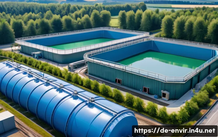 수질 오염 방지 - A detailed scene of a modern industrial wastewater treatment plant in Germany, showing large filtrat...