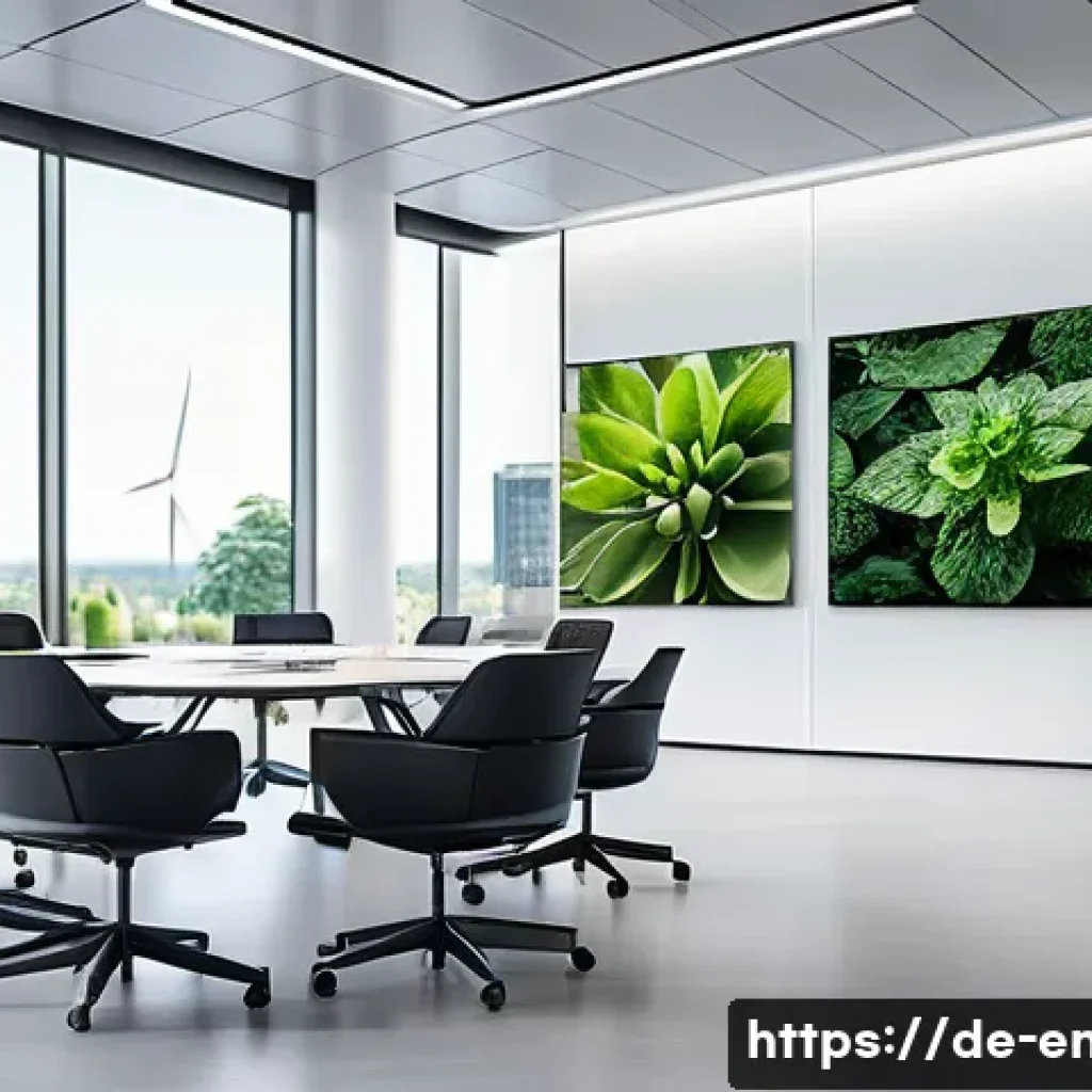 기후 변화와 재정적 분석 - A modern European corporate office interior focused on sustainability strategy meetings, showing div...