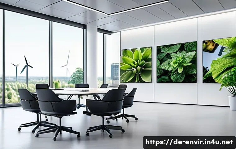 기후 변화와 재정적 분석 - A modern European corporate office interior focused on sustainability strategy meetings, showing div...