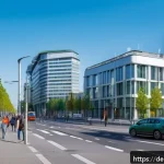 대기 오염과 대처 기술 - A modern urban street scene in a German city such as Berlin or Munich featuring discreet air quality...
