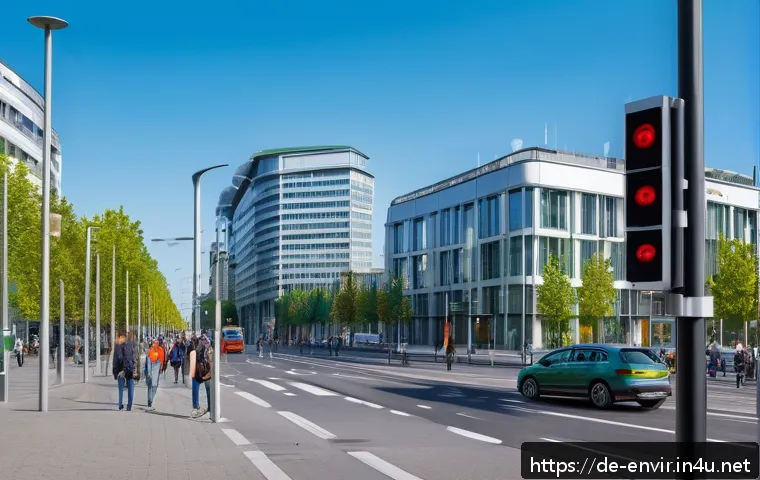 대기 오염과 대처 기술 - A modern urban street scene in a German city such as Berlin or Munich featuring discreet air quality...