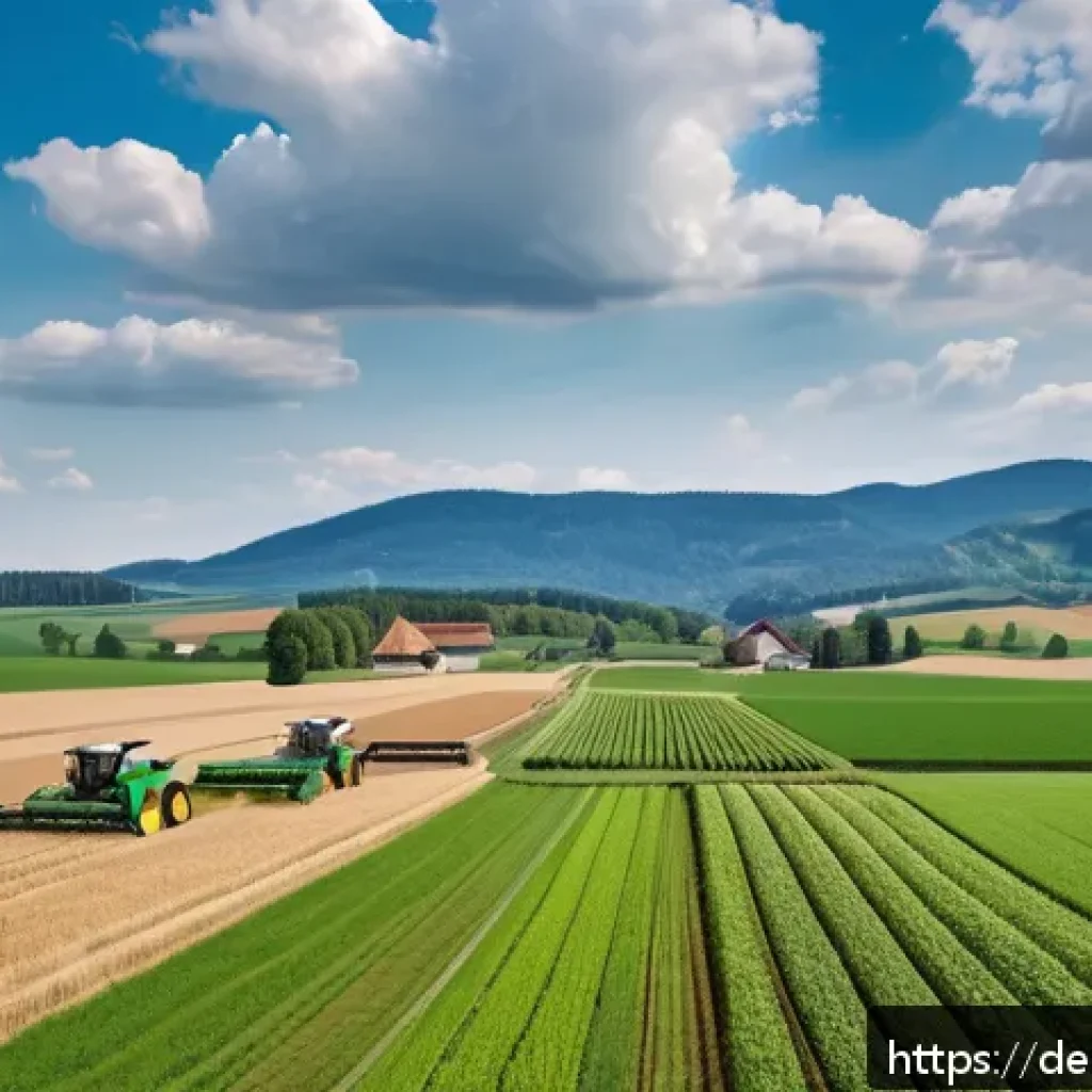 녹색 혁명과 생태학 - A modern German farm landscape in Bavaria showcasing precision agriculture: a large field with green...