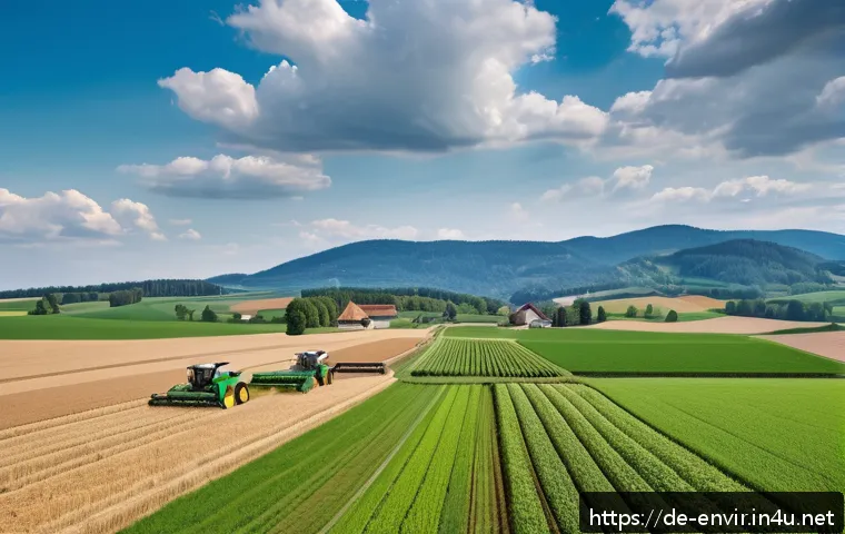 녹색 혁명과 생태학 - A modern German farm landscape in Bavaria showcasing precision agriculture: a large field with green...