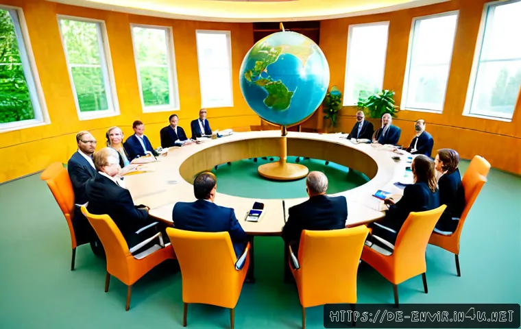 전 세계 환경 협약 - Photorealistic wide-angle scene of an international environmental summit in a modern Berlin conferen...